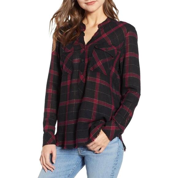 Rails Tops - Rails Redding Linen Raw Hem Plaid Long Sleeve Popover Shirt Black Wine Gold Sz L